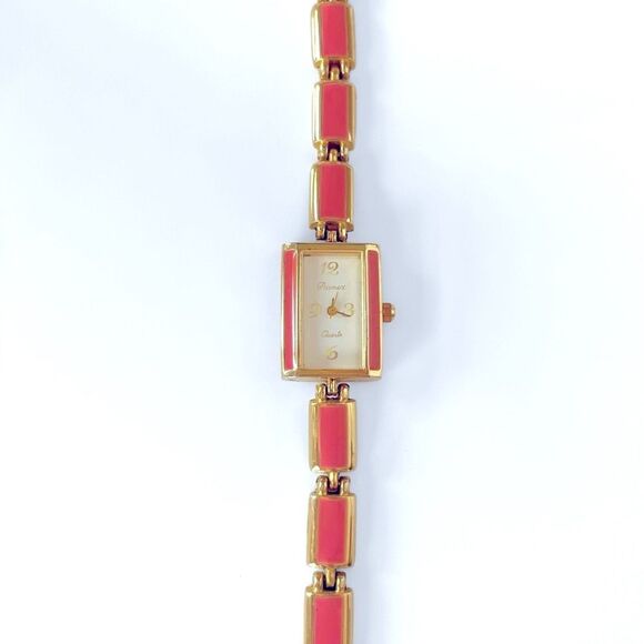 Vintage Parmex Gold Link Pink Enamel Watch - Picture 1 of 6
